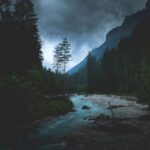 Medium-Dark - flowing river between tall trees